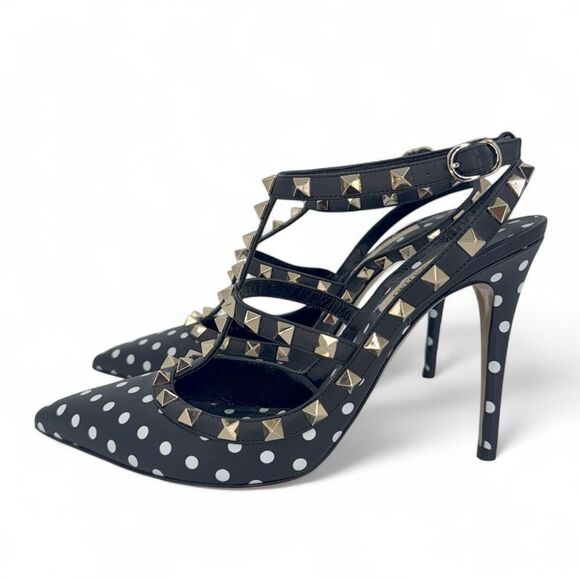 VALENTINO GARAVANI Black Ankle Strap Rockstud White Polkadot Sandals Siz… - Picture 11 of 15